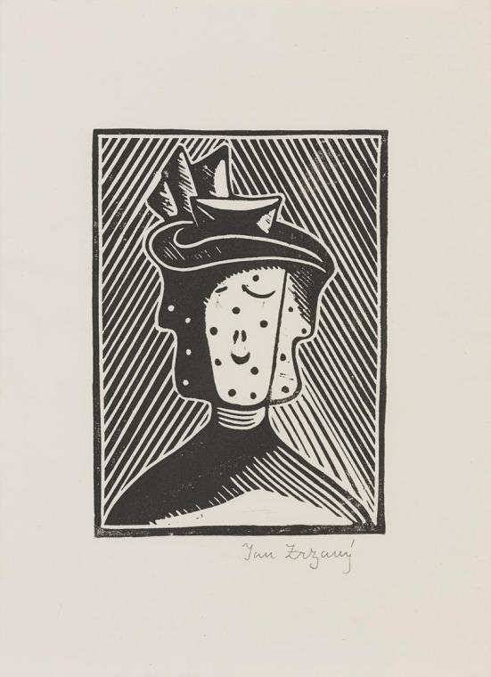 Jan Zrzavý, Frauenkopf mit Hut I, 1912/1920, Linolschnitt auf Papier, 26,5 × 20 cm, Dauerleihga…
