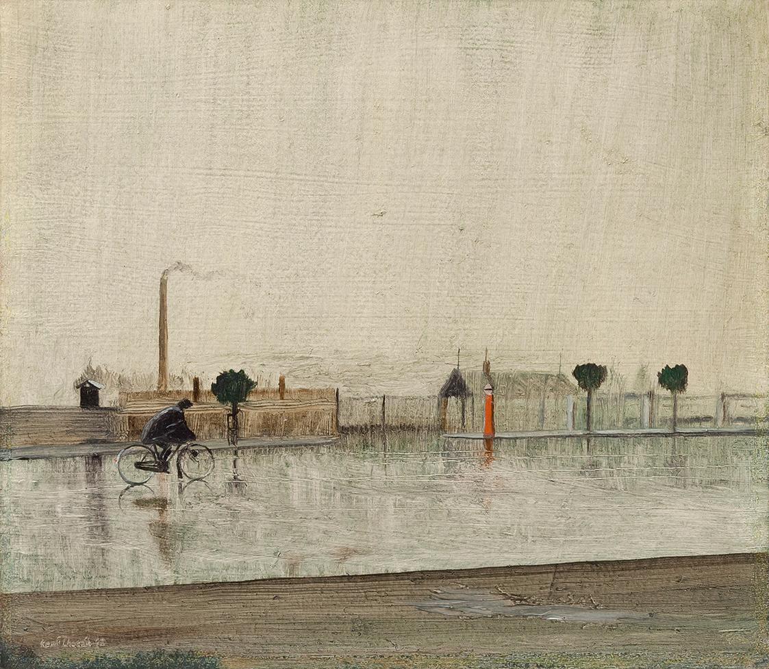 Kamil Lhoták, Radfahrer in Holesovice, 1943, Öl auf Papier/ Karton, 20,5 × 23 cm, Dauerleihgabe…