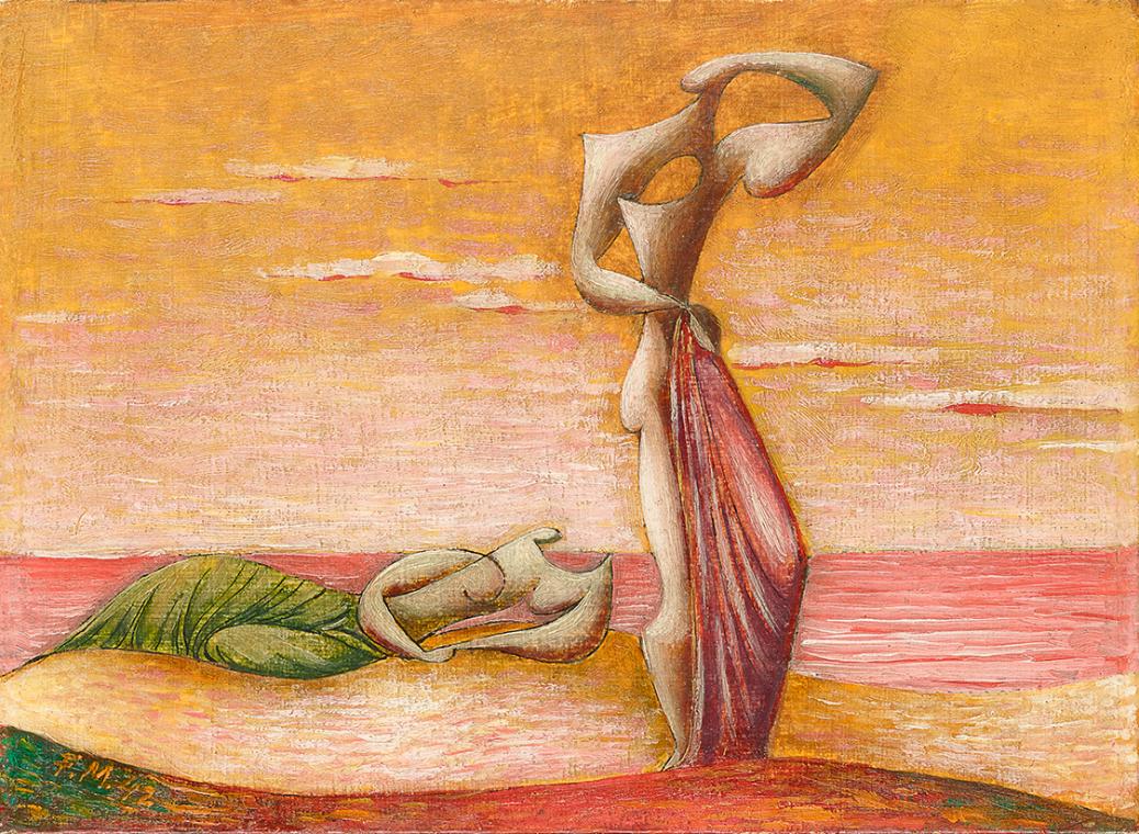 František Muzika, Zwei Frauen, 1942, Öl auf dünner Holzplatte, 16 × 22 cm, Dauerleihgabe Sammlu…