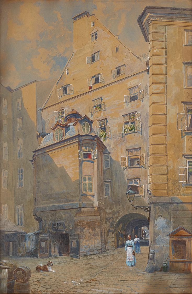 Hans Ludwig Fischer, Der Dreifaltigkeitshof in Wien, 1901, Aquarell, Deckweiß auf Papier, 48 x  ...