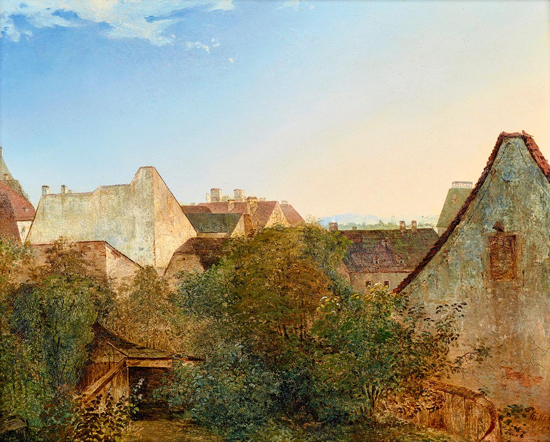 Adalbert Stifter, Blick über Wiener Vorstadthäuser (Beatrixgasse), 1839, Öl auf Holz, 34 x 41 c…