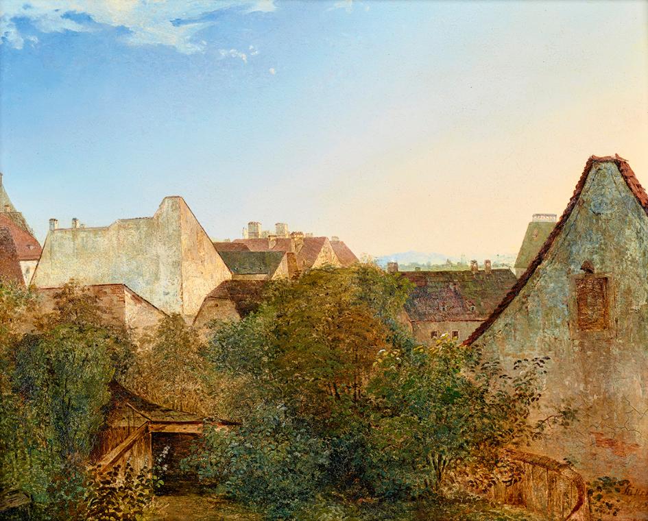 Adalbert Stifter, Blick über Wiener Vorstadthäuser (Beatrixgasse), 1839, Öl auf Holz, 34 x 41 c…