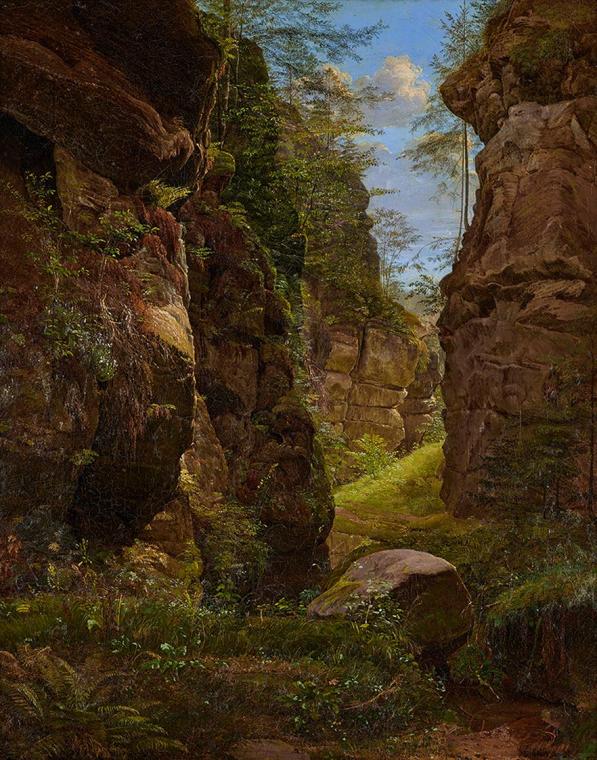 August Heinrich, Felsenschlucht im Uttewalder Grund in der Sächsischen Schweiz, 1820, Öl auf Le ...