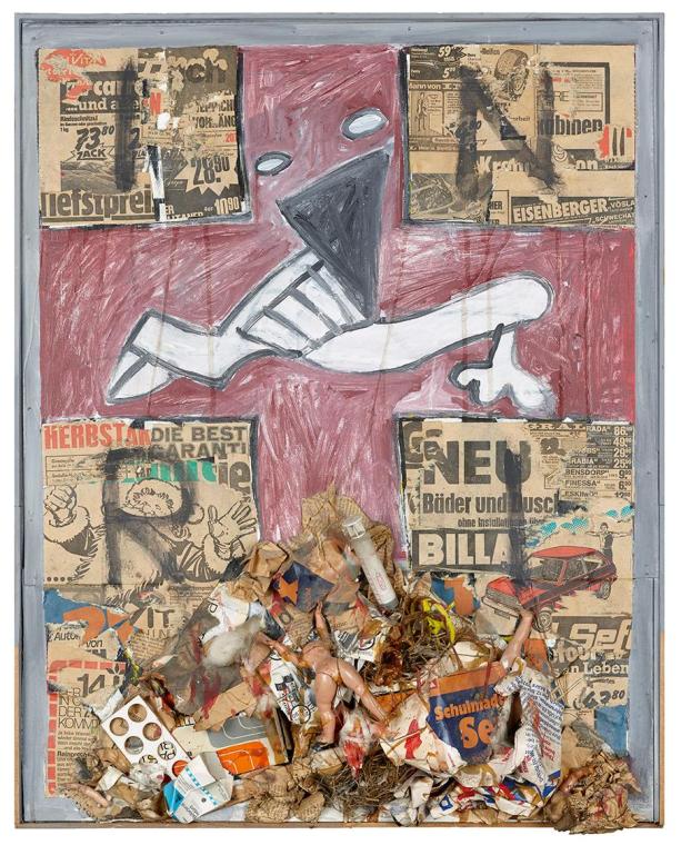 Kurt Hüpfner, INRI, 1974, Acrylfarbe auf Resopal, diverse Abfälle, 74 × 59,5 × 12 cm, Belvedere…