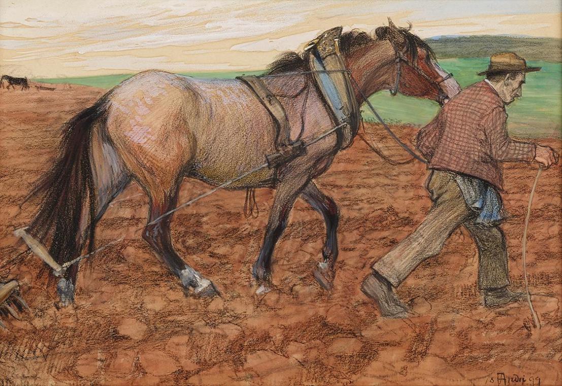 Ferdinand Andri, Ein alter Knecht, 1899, Kohle, Aquarell auf Papier, 38 x 55 cm, Belvedere, Wie…