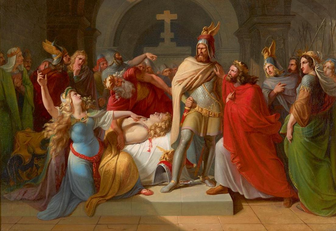 Carl Rahl, Kriemhild an der Leiche Siegfrieds erklärt Hagen als dessen Mörder und schwört Rache…
