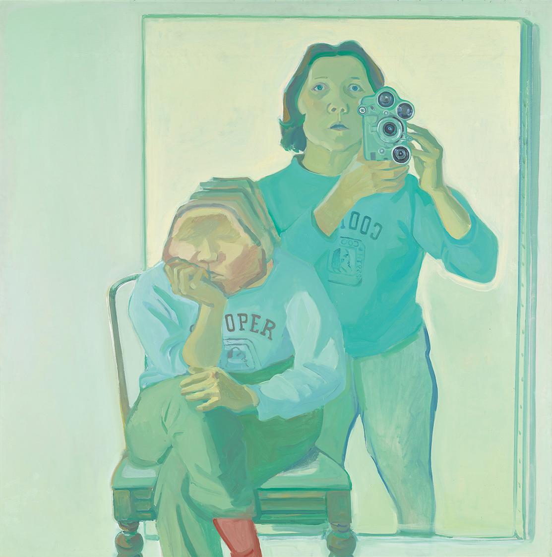 Maria Lassnig, Doppelselbstporträt mit Kamera, 1974, Öl auf Baumwolle, 180 x 180 cm, Artothek d…