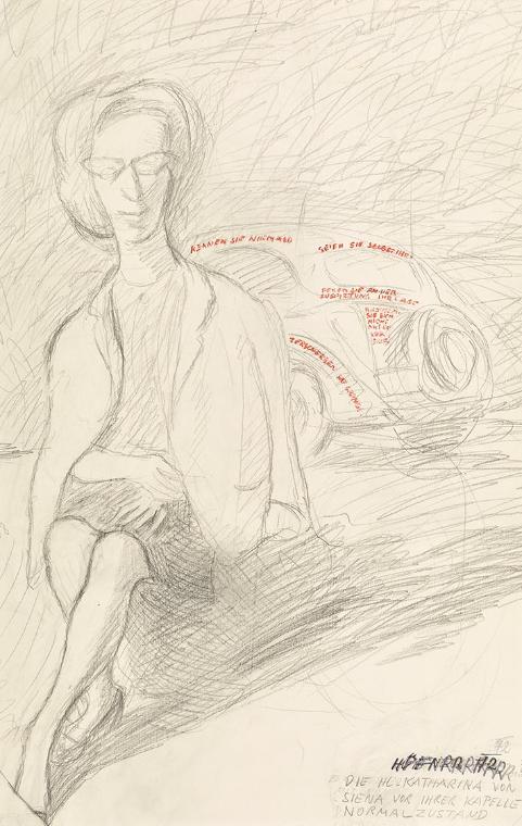 Kurt Hüpfner, Die Hl. Katharina von Siena vor ihrer Kapelle Normalzustand, 1972, Bleistift, Bun…
