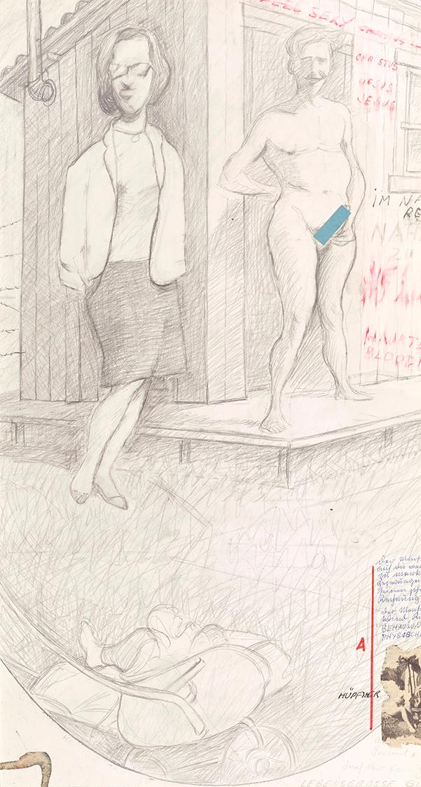 Kurt Hüpfner, Hippie Familie, 1973, Bleistift, Buntstift, Collage auf Karton, 61,5 × 32,4 cm, S…
