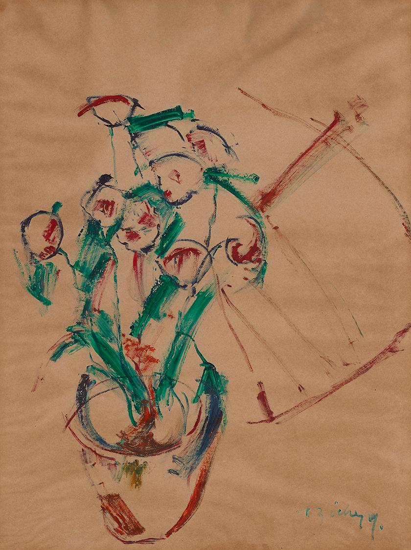 Herbert Boeckl, Blumenstock, 1919, Fettstift, Wasserfarben und Öl auf Papier, 48 × 36 cm, Dauer…