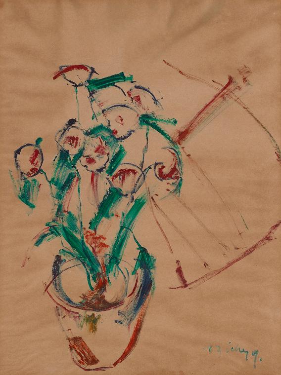 Herbert Boeckl, Blumenstock, 1919, Fettstift, Wasserfarben und Öl auf Papier, 48 × 36 cm, Dauer…