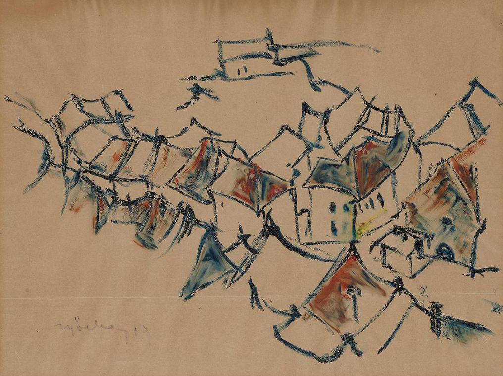 Herbert Boeckl, Die Dächer von Friesach, 1919, Fettstift, Wasserfarben und Öl auf Papier, 37 × …