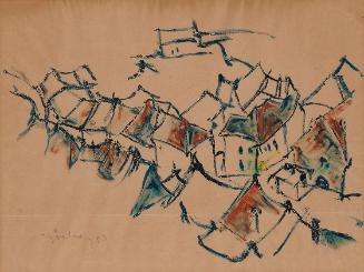 Herbert Boeckl, Die Dächer von Friesach, 1919, Fettstift, Wasserfarben und Öl auf Papier, 37 × …