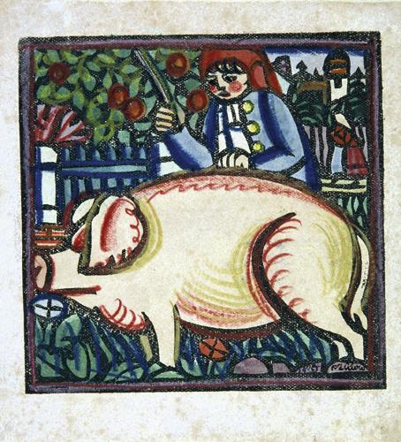 Franz von Zülow, Bäuerin mit Schwein, 1903, Holzschnitt, koloriert, Belvedere, Wien, Inv.-Nr. 8…