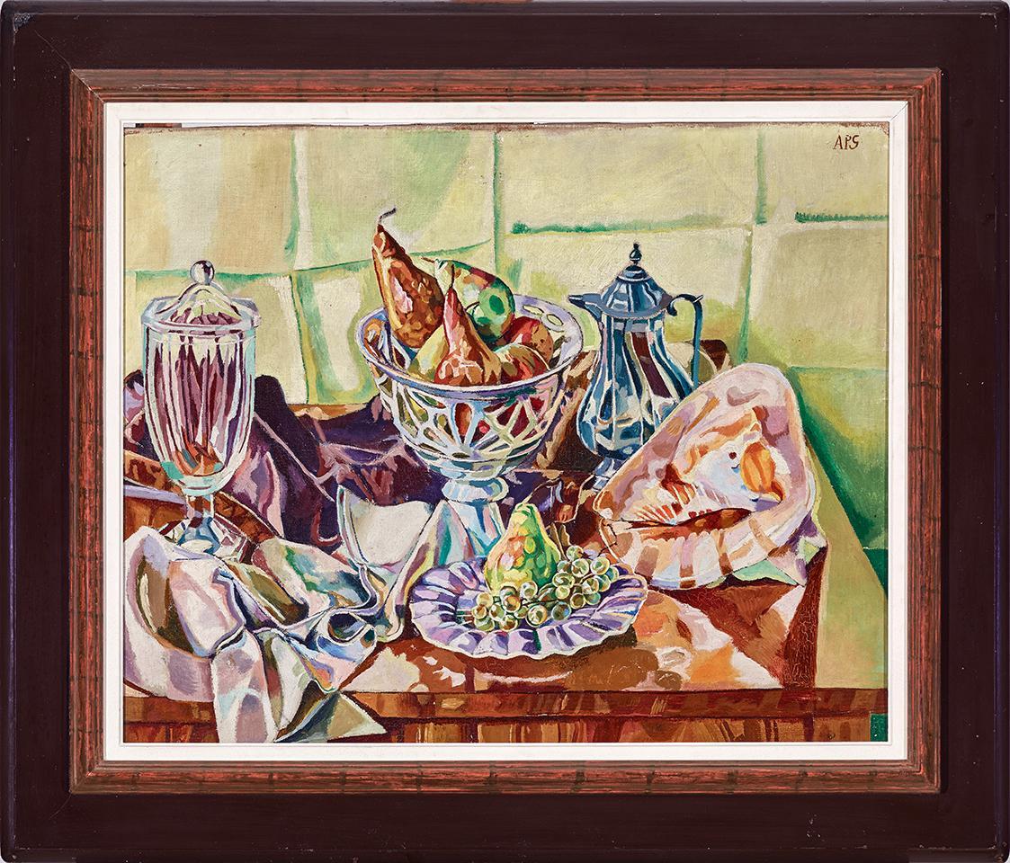Albert Paris Gütersloh, Früchtestillleben mit Glas, Kaffeekanne und Muschel, 1928, Öl auf Leinw…