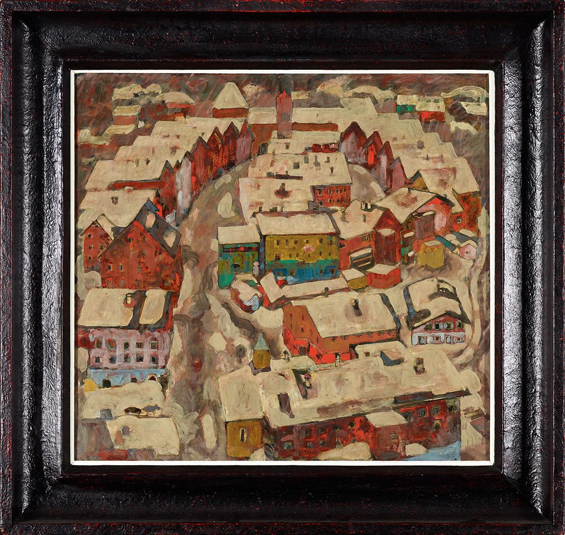 Alfons Walde, Kitzbühel im Schnee, um 1919, Öltempera auf Papier auf Karton, 60,4 × 65,5 cm, Co…