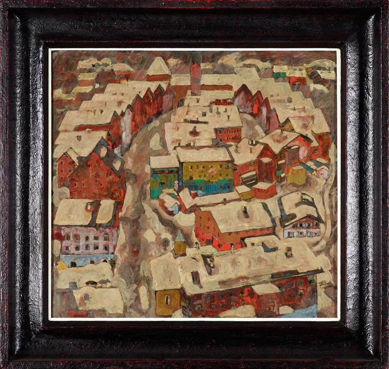 Alfons Walde, Kitzbühel im Schnee, um 1919, Öltempera auf Papier auf Karton, 60,4 × 65,5 cm, Co…