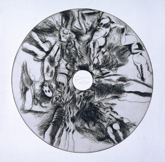Adolf Frohner, Tondo mit Aktfiguren und Totenköpfen, 1957, Kaltnadelradierung, 65 x 65 cm, Belv…
