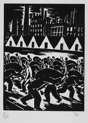 Frans Masereel, Arbeiter vor Fabrik (aus der Folge "Expiations", Paris), 1933, Holzschnitt, Pla…