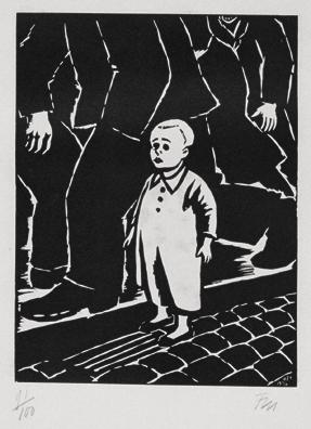 Frans Masereel, Knabe auf Straße (aus der Folge "Expiations", Paris), 1933, Holzschnitt, Platte…