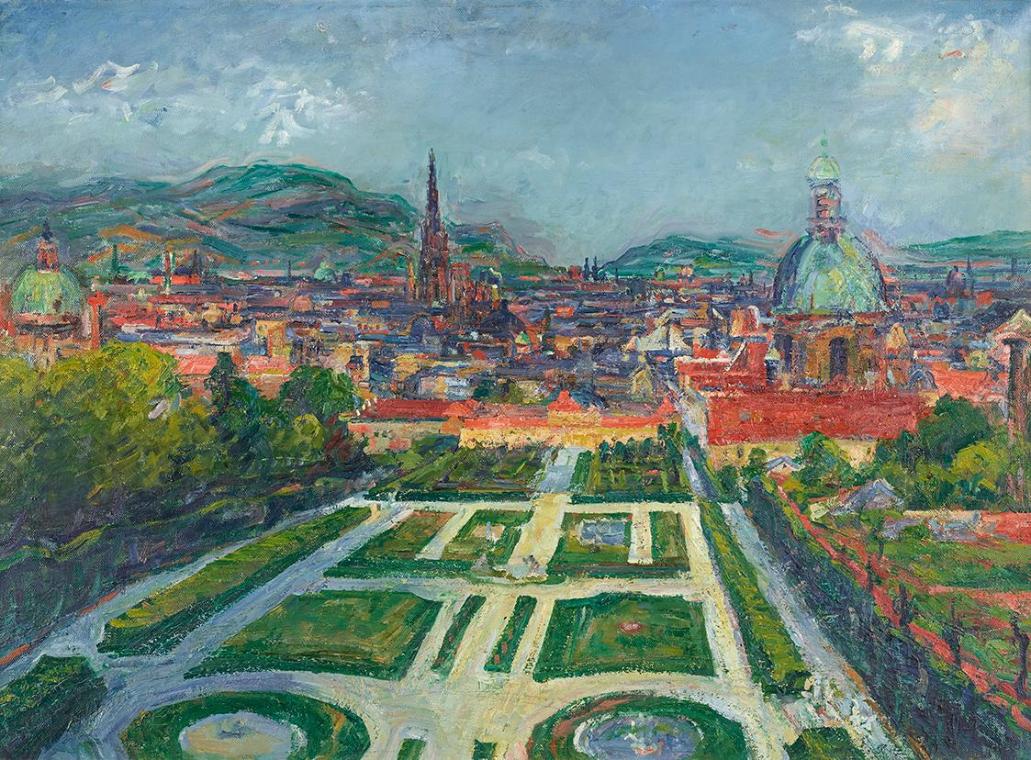 Gerhart Frankl, Blick vom Belvedere auf Wien (Landschaft I), 1948, Öl und Tempera auf Leinwand,…