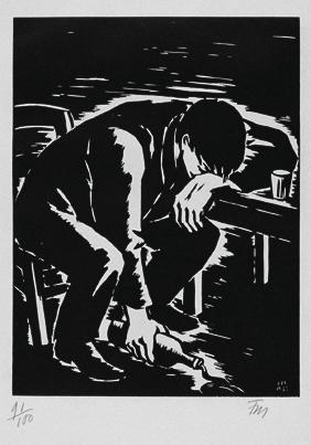 Frans Masereel, Trinker am Tisch (aus der Folge "Expiations", Paris), 1933, Holzschnitt, Platte…