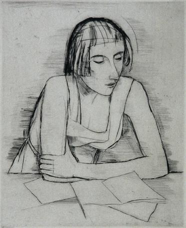 Carl Hofer, Beim Lesen, um 1924, Radierung, 21,5 x 17,8 cm (Platte); 44,6 x 34,1 cm (Blatt), Be…