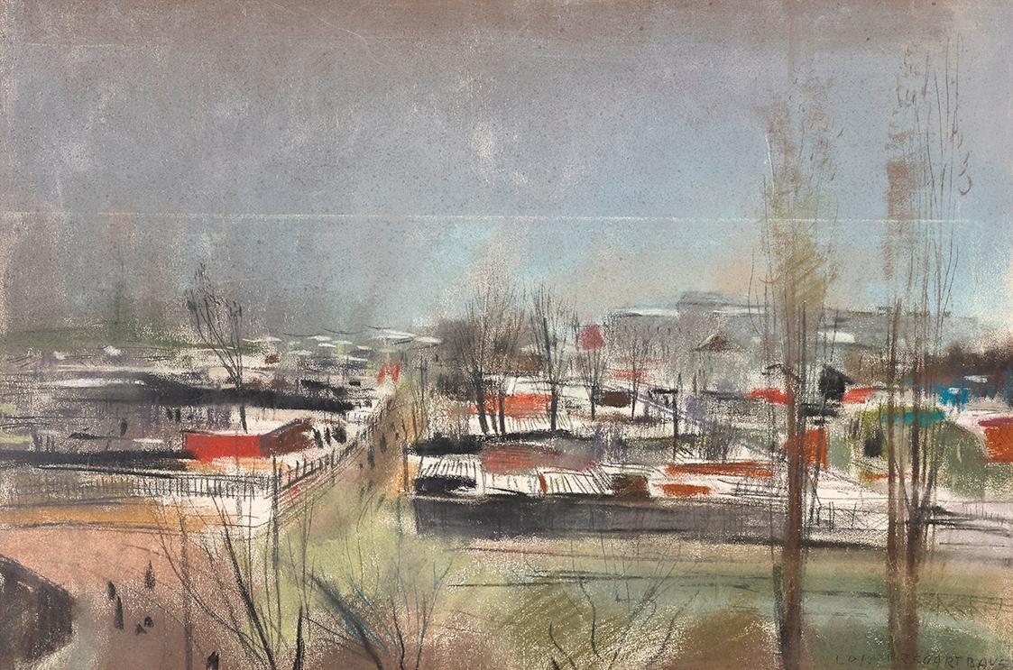 Lois Pregartbauer, Vorstadtbild, 1930er-Jahre, Farbkreide auf Papier, 45,5 x 62,5 cm, Belvedere…