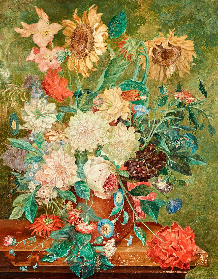 Kurt Geibel-Hellmeck, Blumenstrauß mit Sonnenblumen, vor 1940, Öl auf Leinwand auf Holz, 100 x  ...