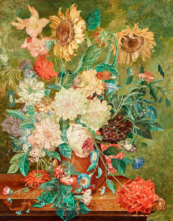 Kurt Geibel-Hellmeck, Blumenstrauß mit Sonnenblumen, vor 1940, Öl auf Leinwand auf Holz, 100 x …