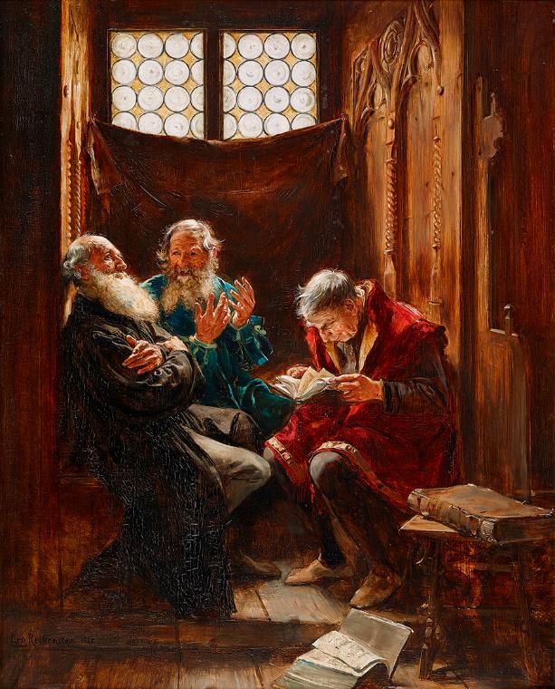 Leo Reiffenstein, Meinungsdifferenzen (Juden im Gespräch), 1885, Öl auf Holz, 56 x 44 cm, Belve…