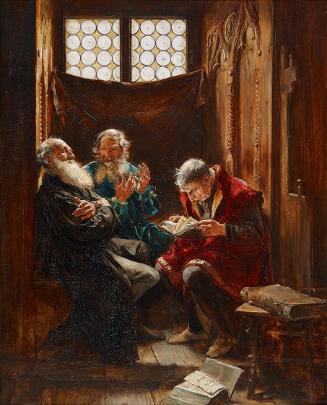 Leo Reiffenstein, Meinungsdifferenzen (Juden im Gespräch), 1885, Öl auf Holz, 56 x 44 cm, Belve…