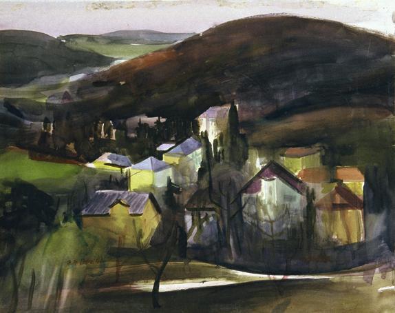 Hans Letz, Landschaft mit Dorf, 1941, Aquarell auf Papier, 46 x 58 cm, Belvedere, Wien, Inv.-Nr…