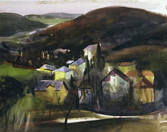 Hans Letz, Landschaft mit Dorf, 1941, Aquarell auf Papier, 46 x 58 cm, Belvedere, Wien, Inv.-Nr ...