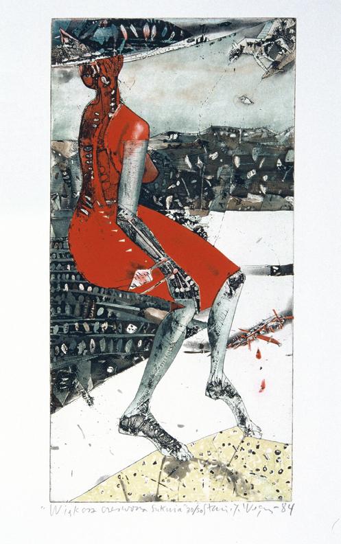 Stanisláw Wejman, Größeres rotes Kleid, 1984, Radierung, Aquatinta auf Papier, 59 x 30 cm, Belv…