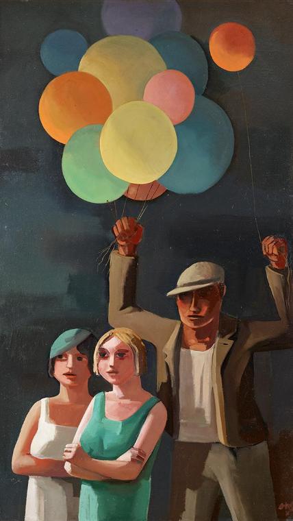 Otto Rudolf Schatz, Ballonverkäufer (1. Teil eines Triptychons), 1931, Öl auf Leinwand, 190 × 1…
