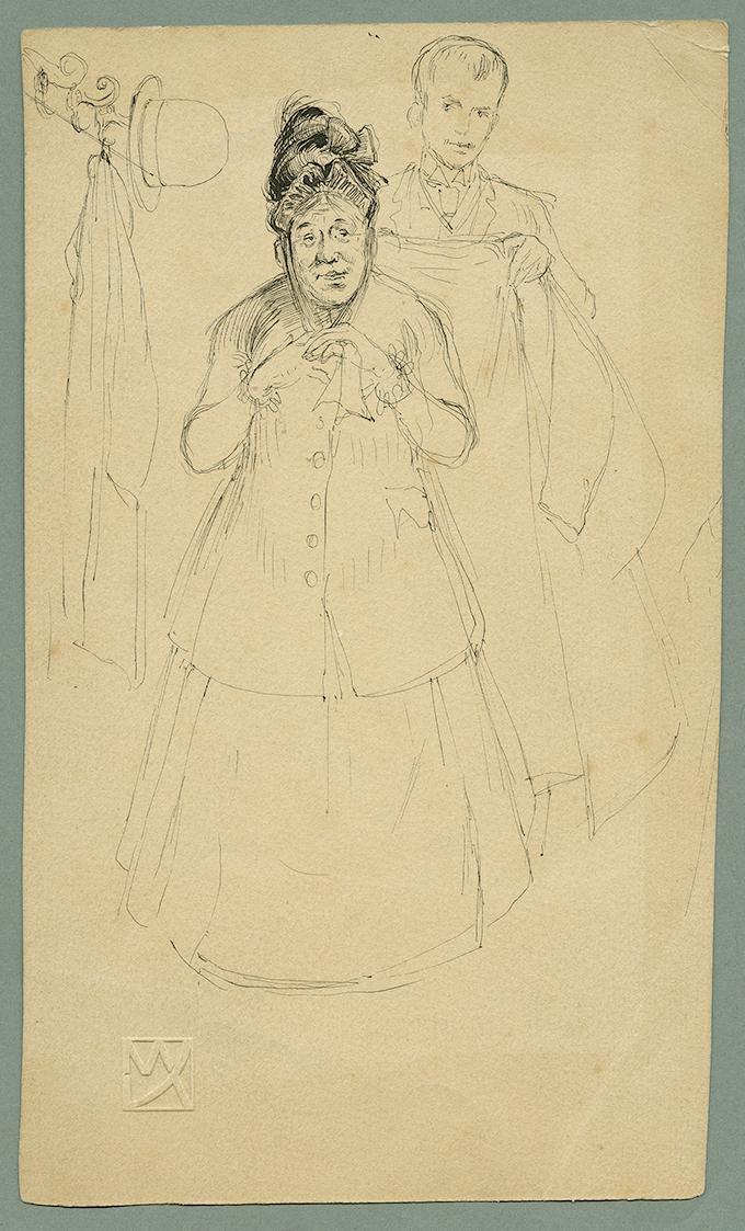 Max Kurzweil, Szene in einer Garderobe, um 1890, Tusche in Schwarz (recto), Bleistift (verso), …