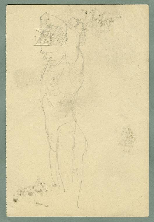 Männlicher Halbakt, linke Hand am linken Knie