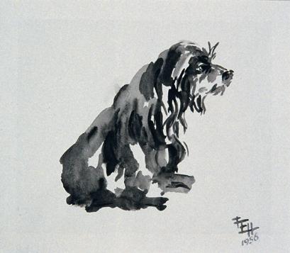 Fritzi Ecker-Houdek, Sitzender Hund, 1956, Wasserfarbe auf Papier, 11 x 12,5 cm, Belvedere, Wie…