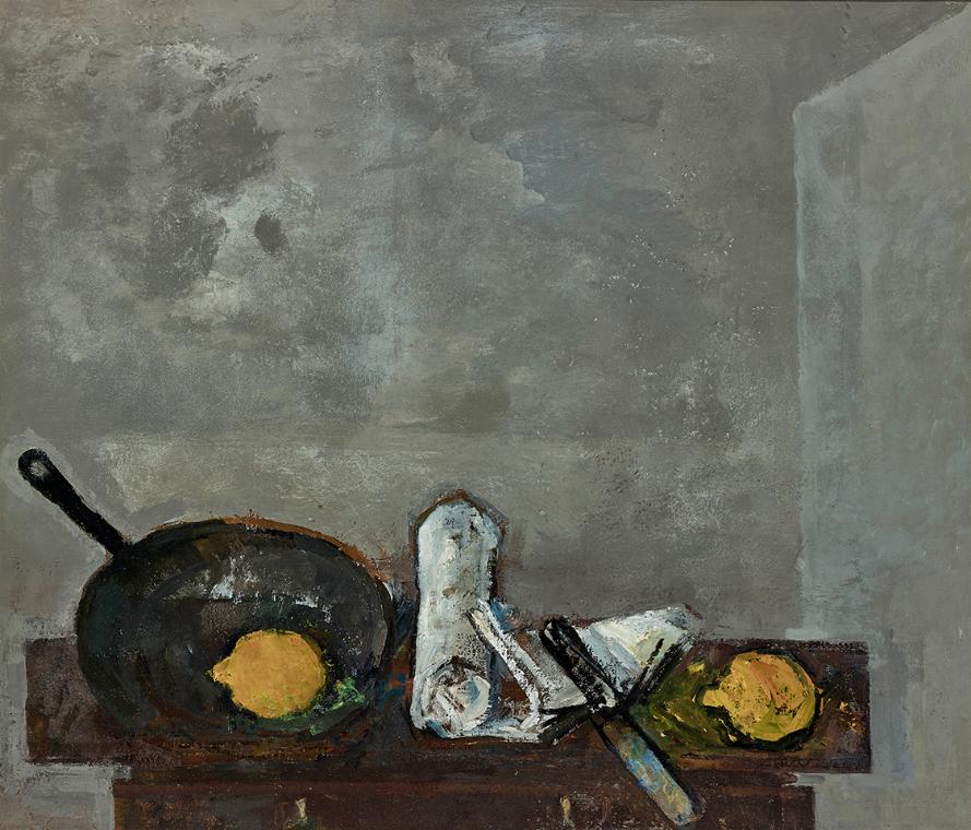 Gerhart Frankl, Stillleben mit Bratpfanne, 1963, Tempera und Öl auf Leinwand, 66,5 × 76,5 cm, S…