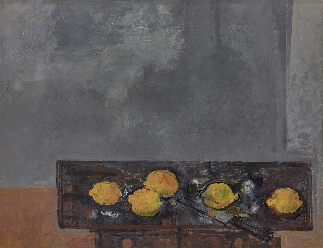 Gerhart Frankl, Stillleben mit fünf Zitronen, 1963, Tempera und Öl auf Leinwand, 64 × 81,5 cm, …