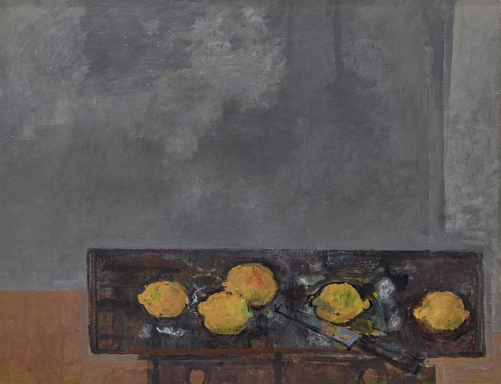 Gerhart Frankl, Stillleben mit fünf Zitronen, 1963, Tempera und Öl auf Leinwand, 64 × 81,5 cm, …