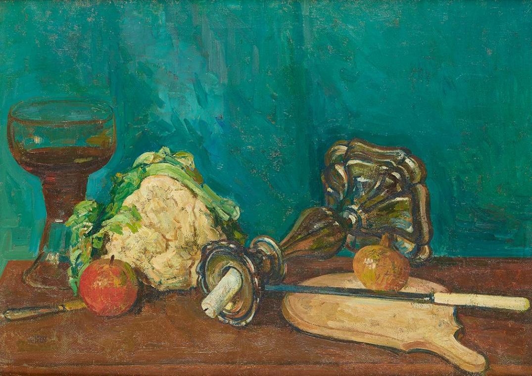 Gerhart Frankl, Stillleben mit Blumenkohl, Weinglas, Leuchter, Messer und Brett, 1932, Öl auf L…