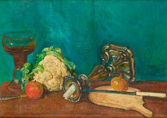 Gerhart Frankl, Stillleben mit Blumenkohl, Weinglas, Leuchter, Messer und Brett, 1932, Öl auf L…