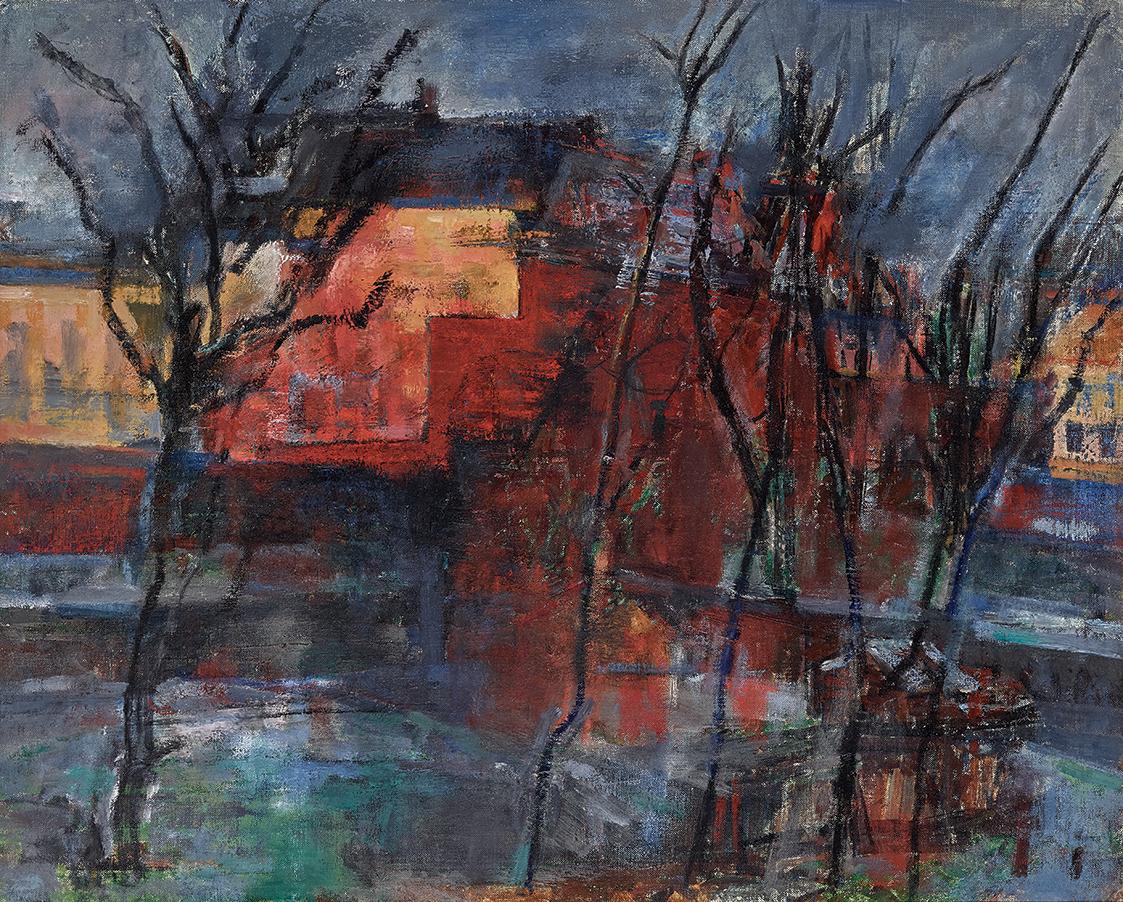 Gerhart Frankl, London, Garten und Häuser II, 1946, Öl auf Leinwand, 54,5 × 68 cm, Schenkung Ge…