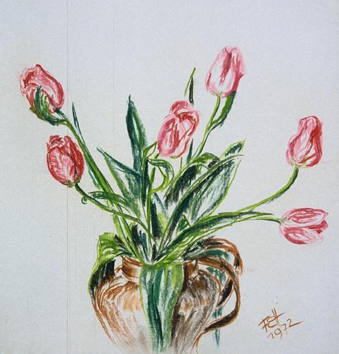 Fritzi Ecker-Houdek, Tulpen in Vase, 1972, Wasserfarbe auf Papier, 51,5 x 49 cm, Belvedere, Wie…