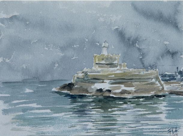 Fritzi Ecker-Houdek, Fort Sankt Nicola (Rhodos), 1958, Wasserfarbe auf Papier, 16,5 x 22 cm, Be…