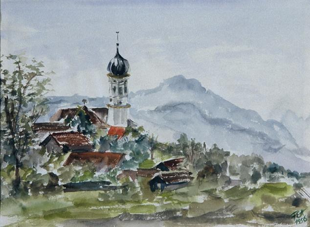 Fritzi Ecker-Houdek, Bichl in Oberbayern, 1956, Wasserfarbe auf Papier, 21 x 28,8 cm, Belvedere…