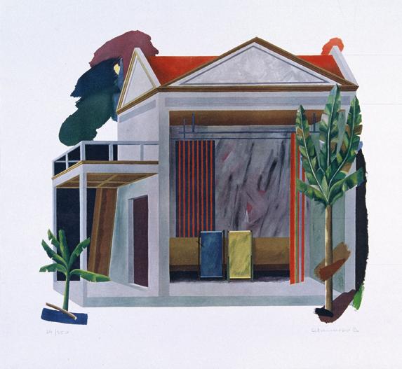 Peter Atanasov, Übergiebeltes Haus hinter Palmen, 1986, Farblithografie, 70 x 74 cm, Belvedere,…