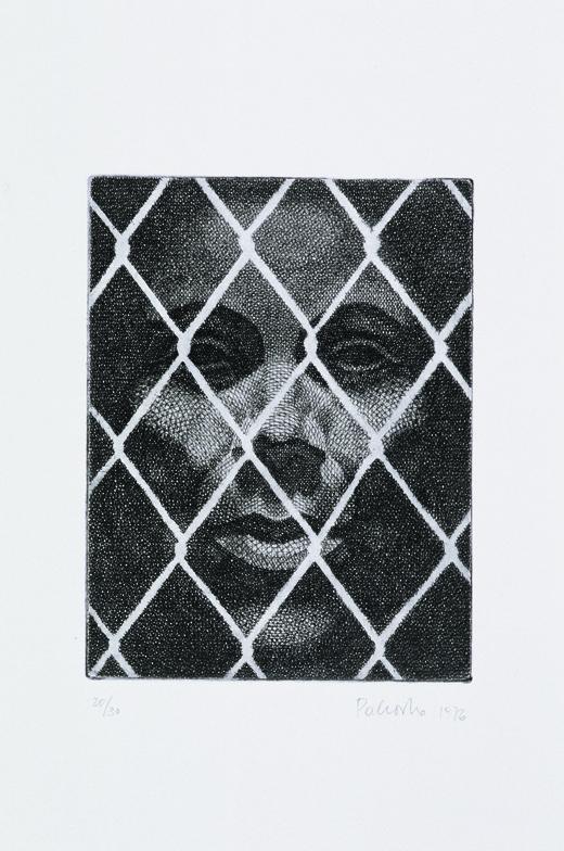 Florentina Pakosta, Selbstbildnis mit Gitter (aus der Serie "Paraphrasen zu Messerschmidt"), 19…